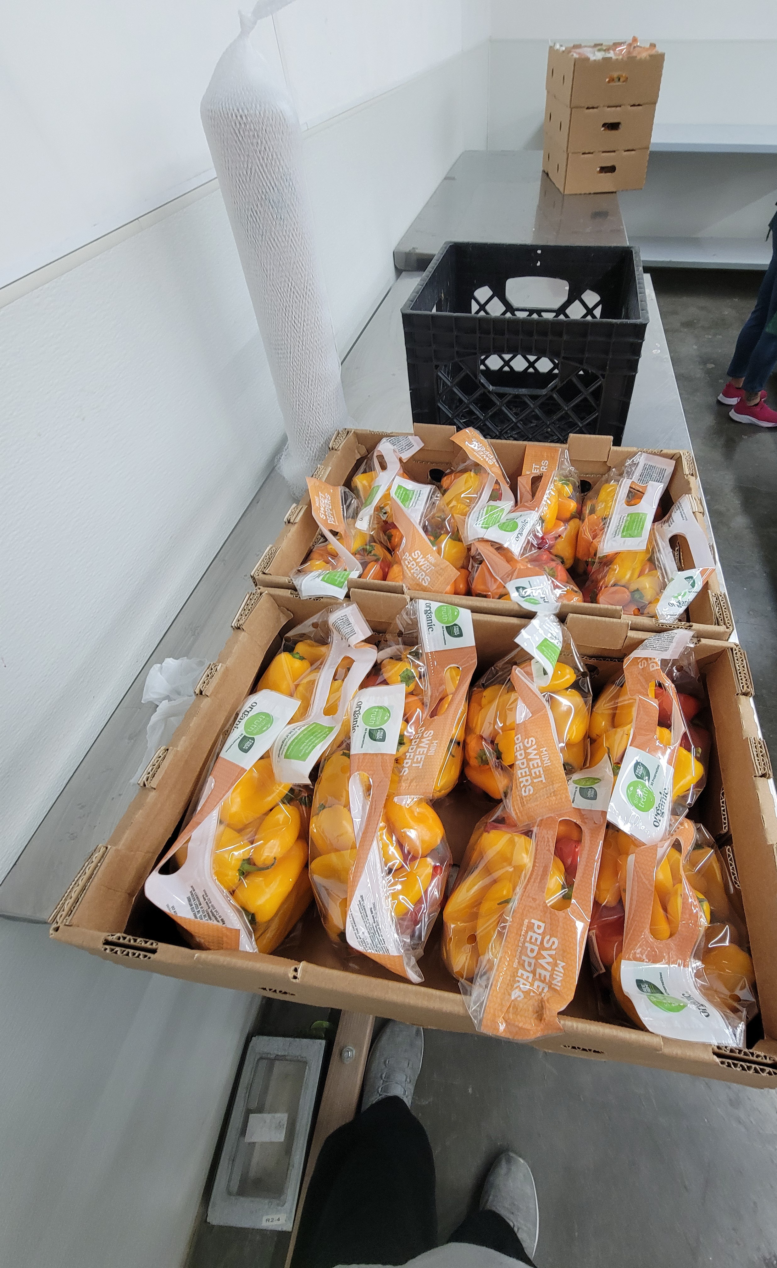 Bags of mini sweet yellow peppers in two cardboard tray on metal table with crate and mesh bag holder behind it.